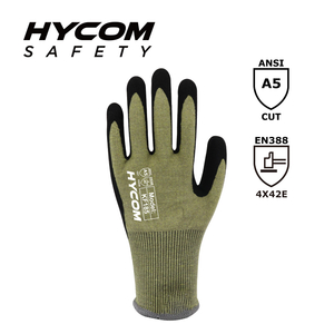 HYCOM Luva resistente ao corte Kevlar 18G ANSI 5 revestida com luvas PPE de nitrilo arenoso para a indústria